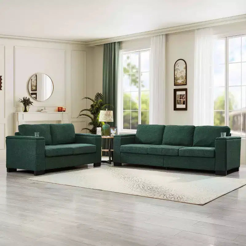 Canapé d’angle en deux parties, 2+3 places, avec porte-gobelet, accoudoirs carrés et revêtement en polyester, pour salon, vert