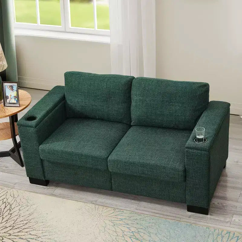 Canapé d’angle en deux parties, 2+3 places, avec porte-gobelet, accoudoirs carrés et revêtement en polyester, pour salon, vert