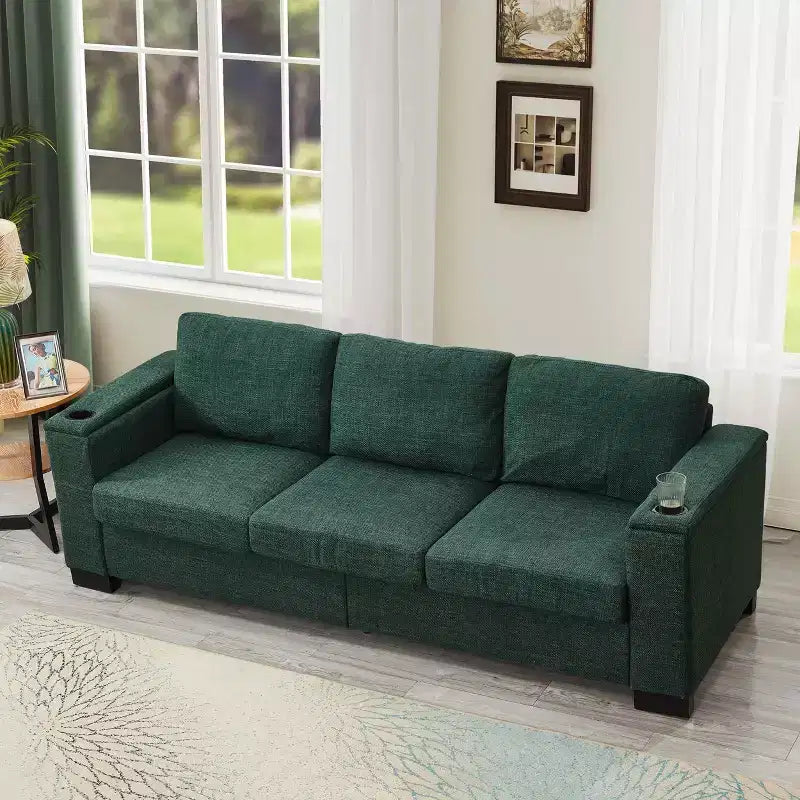 Canapé d’angle en deux parties, 2+3 places, avec porte-gobelet, accoudoirs carrés et revêtement en polyester, pour salon, vert
