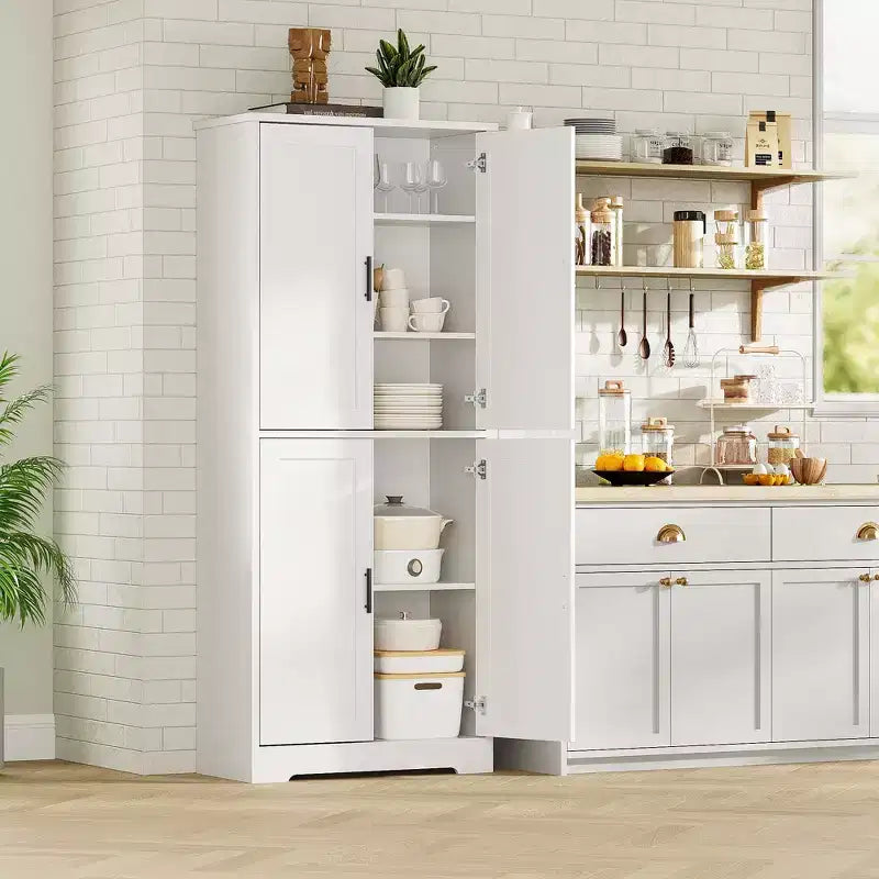 Freistehender, hoher Aufbewahrungsschrank mit 4 Türen und verstellbaren Regalböden, Organizer aus Massivholz für Wohnzimmer, Küche und Bad, modernes, praktisches Design