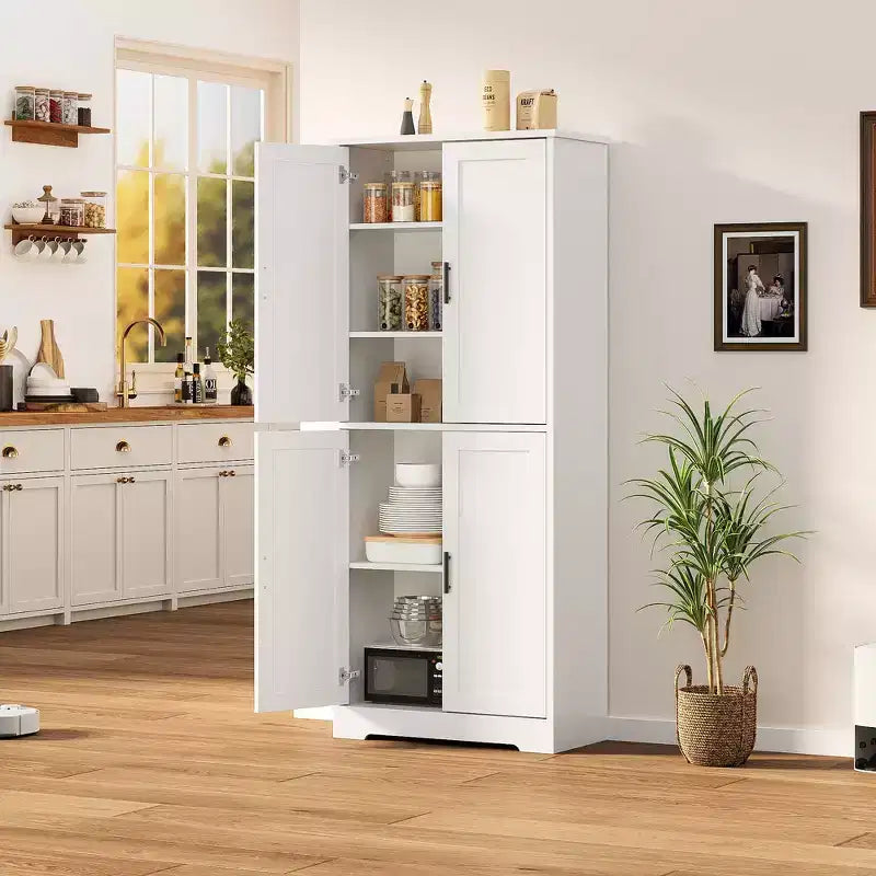 Freistehender, hoher Aufbewahrungsschrank mit 4 Türen und verstellbaren Regalböden, Organizer aus Massivholz für Wohnzimmer, Küche und Bad, modernes, praktisches Design