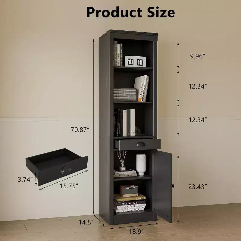 Bibliothèque haute et étroite de 71 pouces avec porte, bibliothèque ouverte à 3 niveaux avec tiroir coulissant et étagère réglable, armoire à une porte pour bureau à domicile