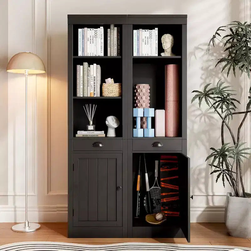 Bibliothèque haute et étroite de 71 pouces avec porte, bibliothèque ouverte à 3 niveaux avec tiroir coulissant et étagère réglable, armoire à une porte pour bureau à domicile