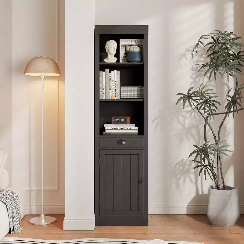 Bibliothèque haute et étroite de 71 pouces avec porte, bibliothèque ouverte à 3 niveaux avec tiroir coulissant et étagère réglable, armoire à une porte pour bureau à domicile