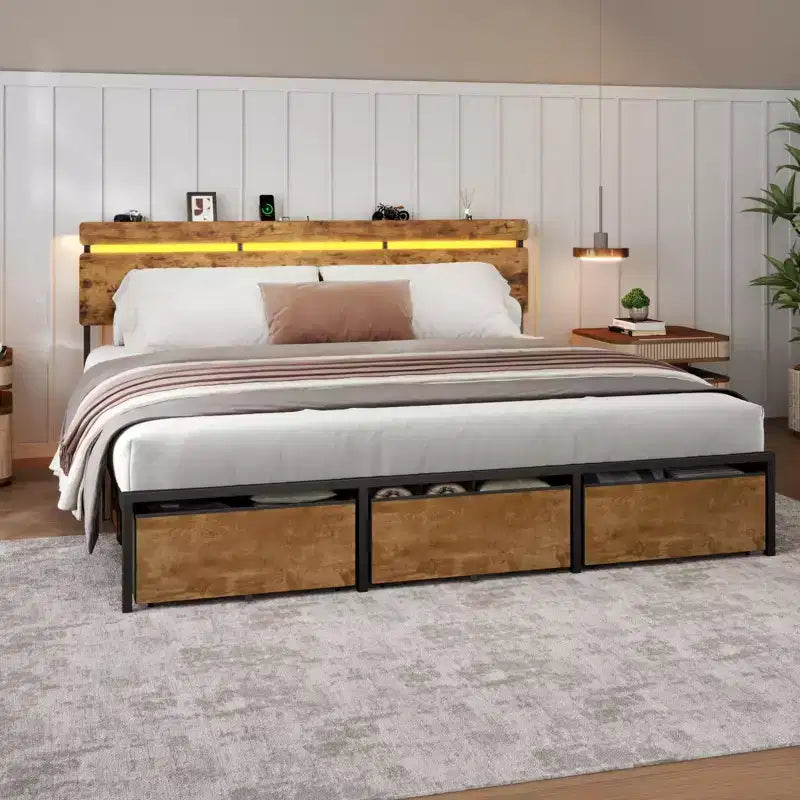 Bettgestell in Kingsize mit Stauraum, 3 Schubladen, LED-Beleuchtung, Ladestation, Kopfteil aus Vintage-braunem Holz mit Ablage, hochbelastbarer Metallrahmen, keine Montage erforderlich