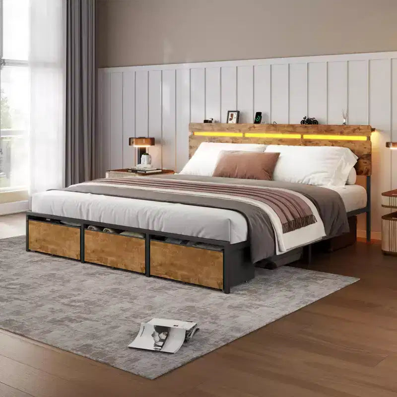 Bettgestell in Kingsize mit Stauraum, 3 Schubladen, LED-Beleuchtung, Ladestation, Kopfteil aus Vintage-braunem Holz mit Ablage, hochbelastbarer Metallrahmen, keine Montage erforderlich