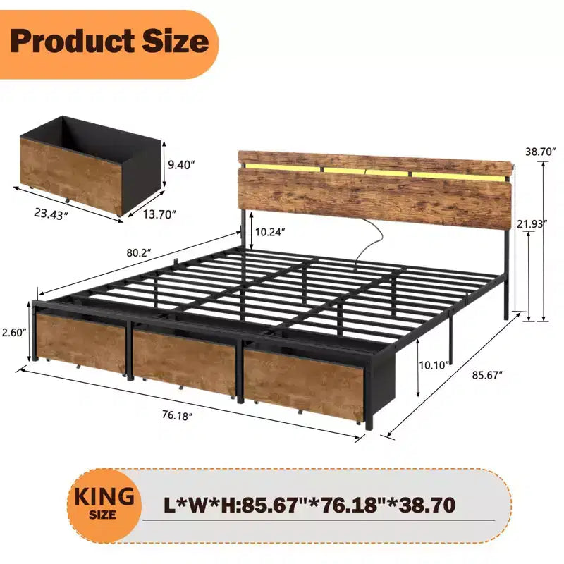Bettgestell in Kingsize mit Stauraum, 3 Schubladen, LED-Beleuchtung, Ladestation, Kopfteil aus Vintage-braunem Holz mit Ablage, hochbelastbarer Metallrahmen, keine Montage erforderlich