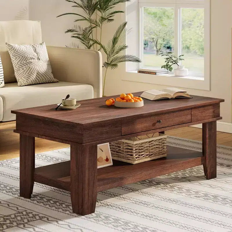 Table basse avec tiroir, table centrale de 47,2 pouces avec étagère de rangement, longue table basse rustique pour le salon, robuste et facile à nettoyer