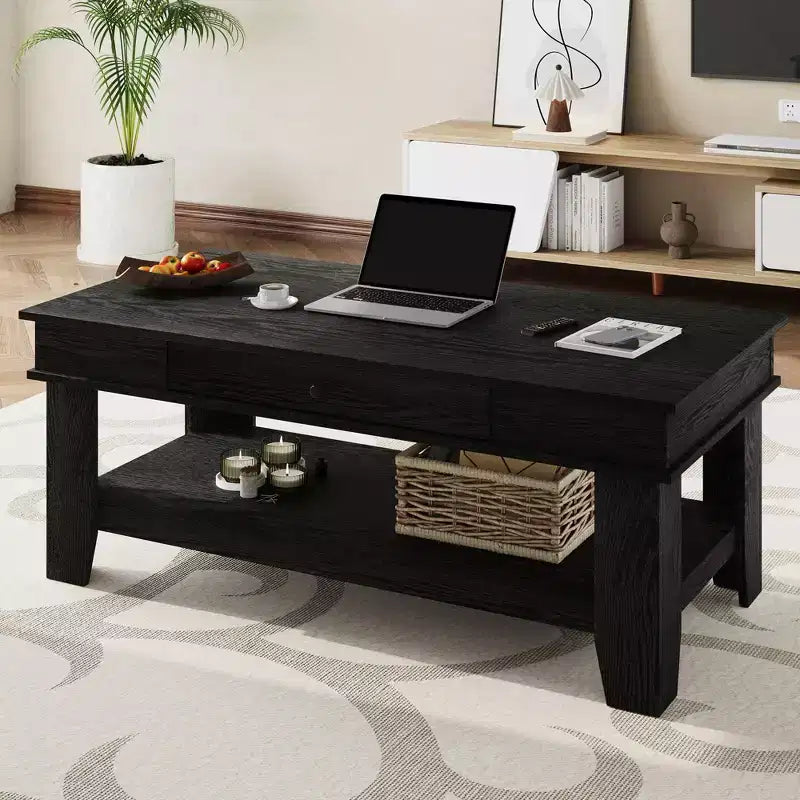 Table basse avec tiroir, table centrale de 47,2 pouces avec étagère de rangement, longue table basse rustique pour le salon, robuste et facile à nettoyer