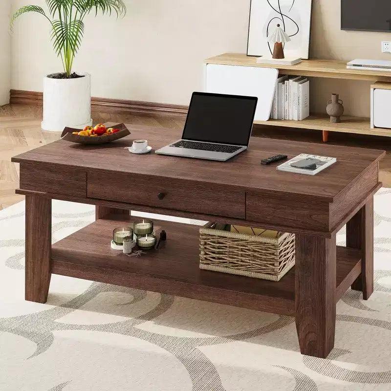 Table basse avec tiroir, table centrale de 47,2 pouces avec étagère de rangement, longue table basse rustique pour le salon, robuste et facile à nettoyer
