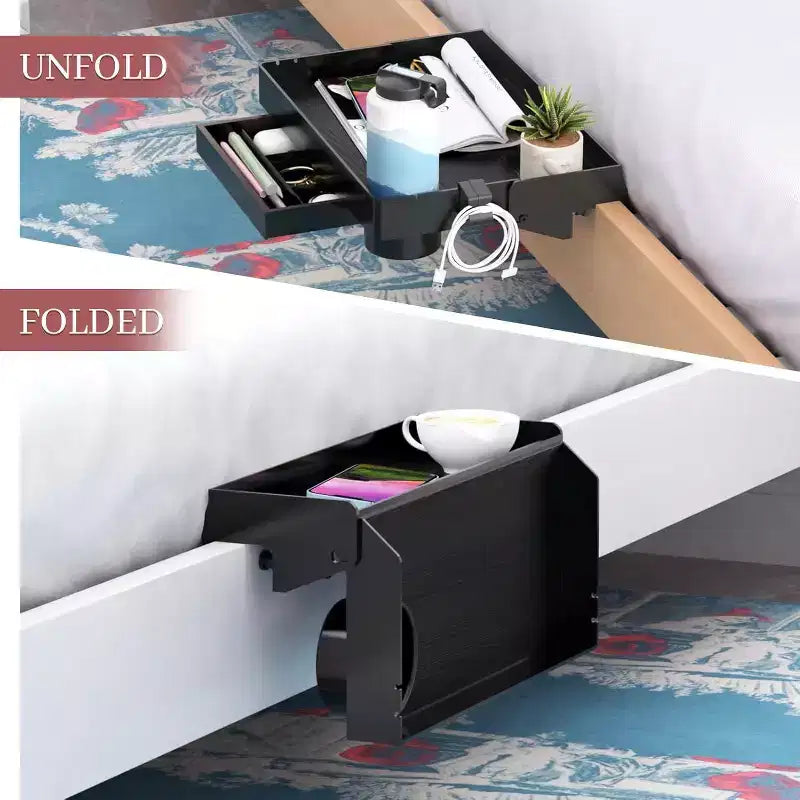 Étagère de chevet pour lit, pliable et à clipser sur un lit superposé, avec tiroir, porte-gobelet et porte-câble, blanche
