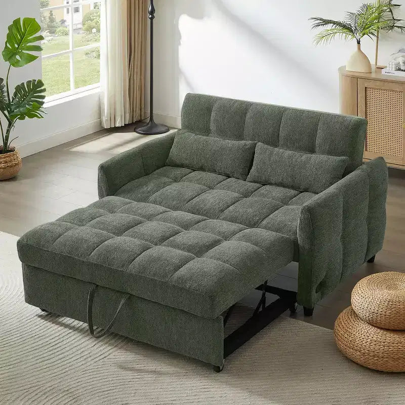 Canapé deux places de 52.8, convertible en lit avec capitonnage, dossier réglable et deux coussins lombaires, pour le salon, vert