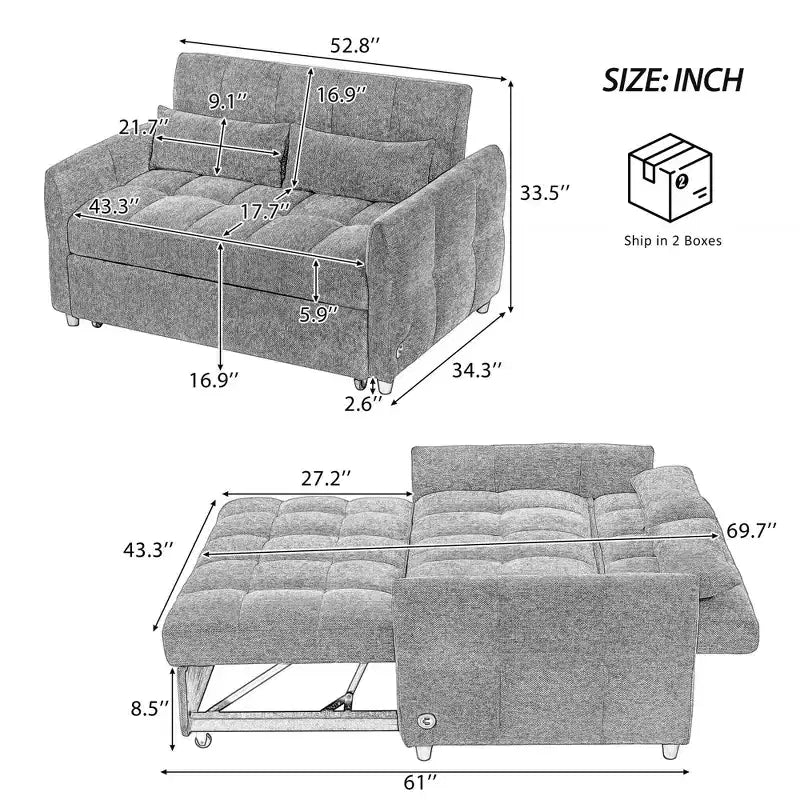 Canapé deux places de 52.8, convertible en lit avec capitonnage, dossier réglable et deux coussins lombaires, pour le salon, vert