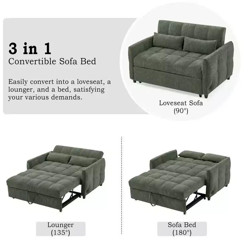 Canapé deux places de 52.8, convertible en lit avec capitonnage, dossier réglable et deux coussins lombaires, pour le salon, vert