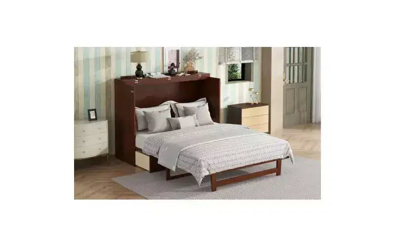 Lit escamotable de 80 pouces, lit-armoire en pin avec détails en osier, tiroirs de rangement intégrés, adapté aux chambres, noyer