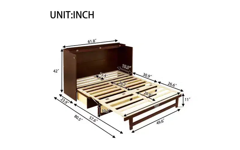 Lit escamotable de 80 pouces, lit-armoire en pin avec détails en osier, tiroirs de rangement intégrés, adapté aux chambres, noyer
