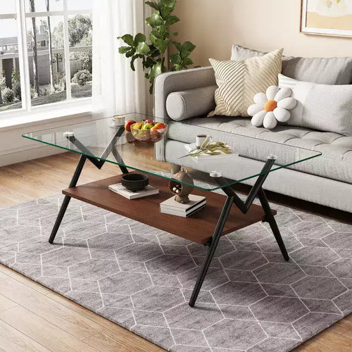 38 Zoll großer rechteckiger Couchtisch mit gehärteter Glasplatte und schwarzen Metallbeinen. Moderner Stil, geeignet für das Wohnzimmer.