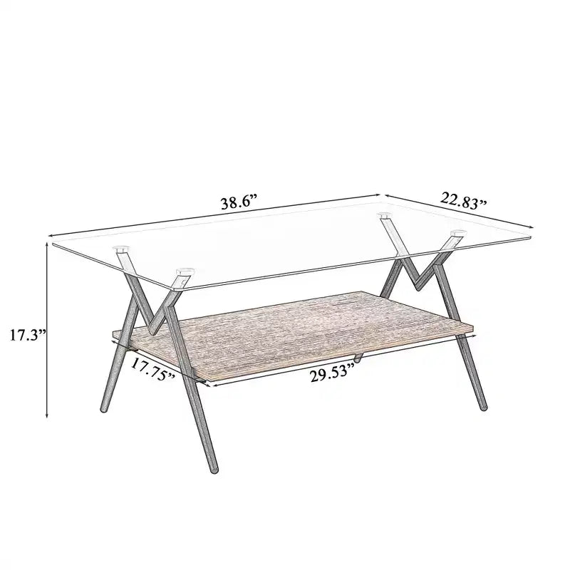Table basse rectangulaire de 38 pouces avec plateau en verre trempé et pieds en métal noir. Style moderne, adaptée au salon.