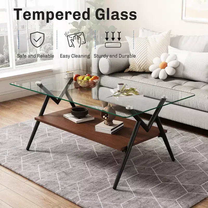 Table basse rectangulaire de 38 pouces avec plateau en verre trempé et pieds en métal noir. Style moderne, adaptée au salon.