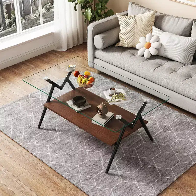 Table basse rectangulaire de 38 pouces avec plateau en verre trempé et pieds en métal noir. Style moderne, adaptée au salon.